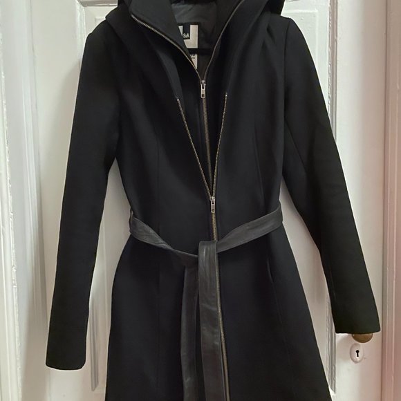 Soia & Kyo hooded wool blend coat with belt and interior vest — Black - Picture 2 of 3